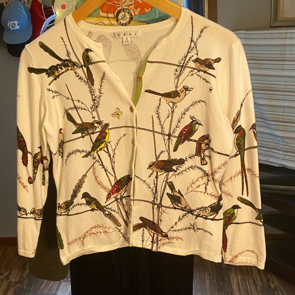 CAbi White Cardigan with birds sweater in small.